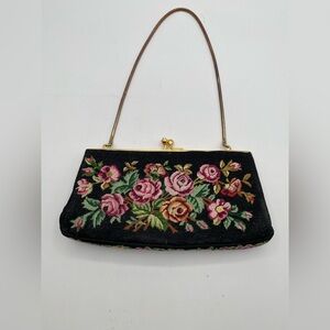 Floral Needlepoint Evening Clutch in Black with Pink Roses Vintage
